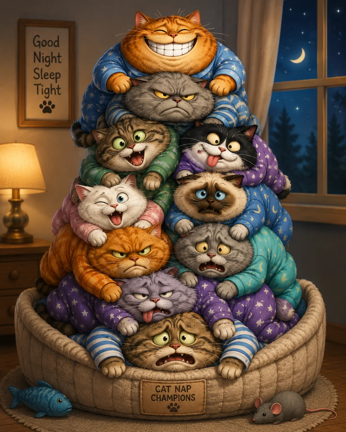 Cats stacked in pajamas inside a cat bed