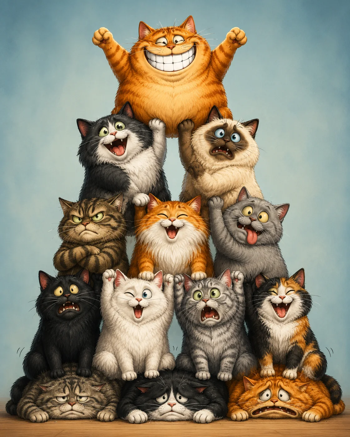 Cartoon cats stacked in a pyramid
