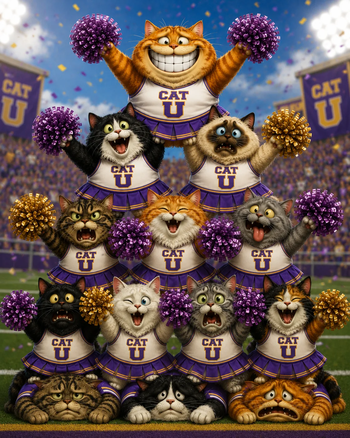 Cats stacked as cheerleaders in Cat U uniforms