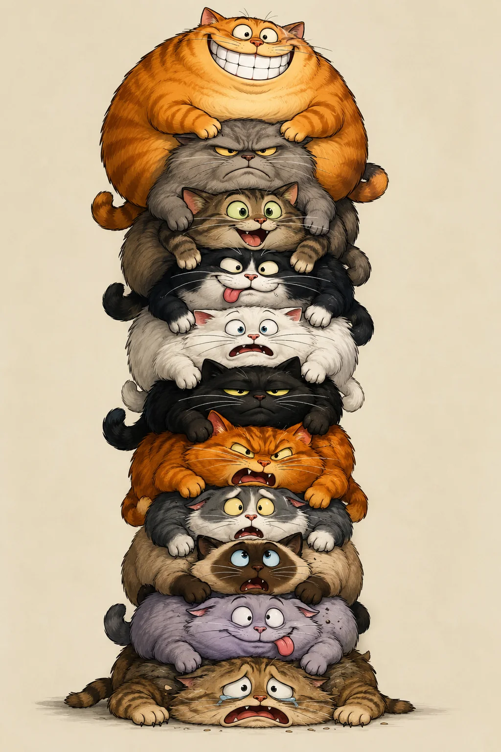 Vertical stack of cartoon cats with a smiling orange cat on top