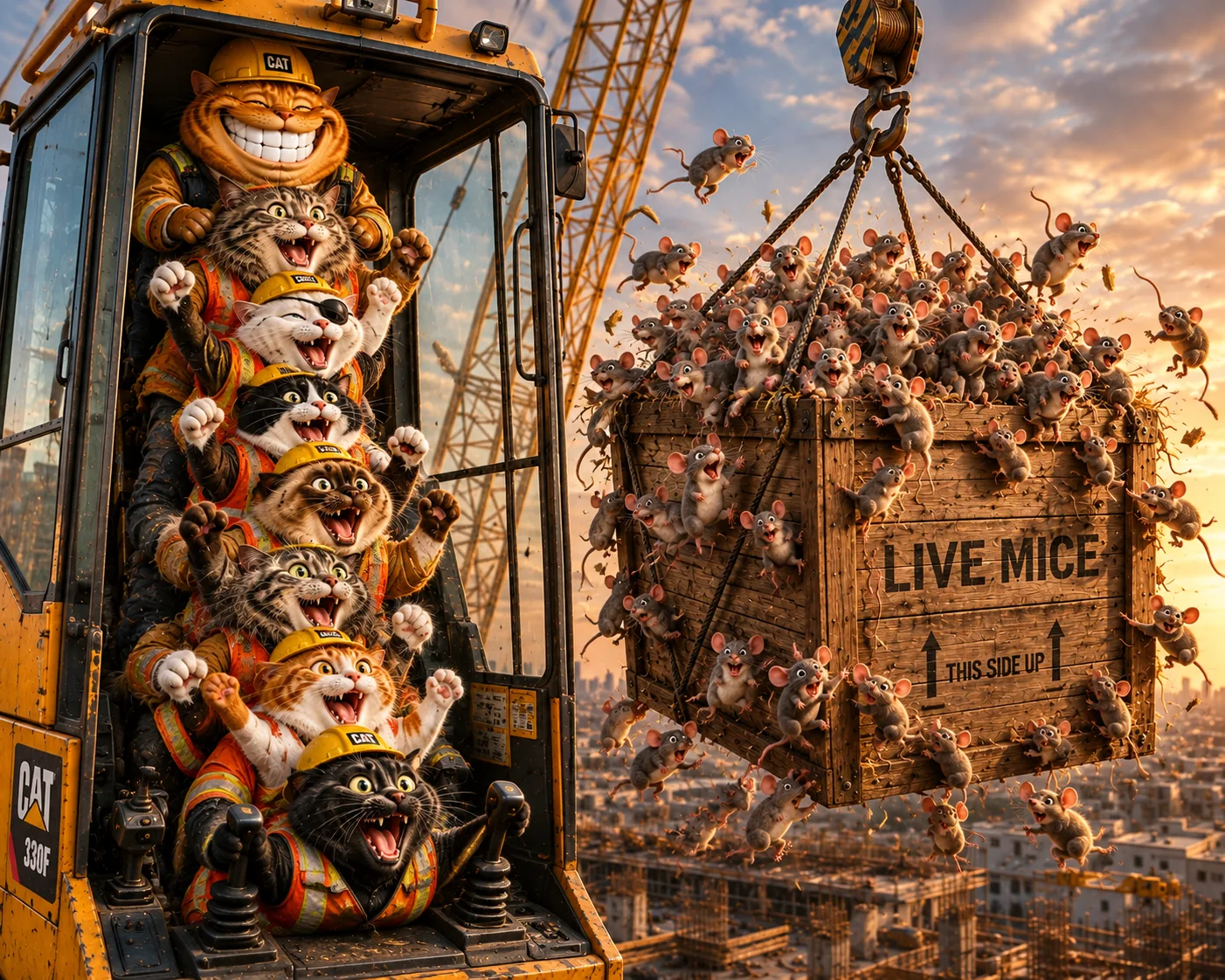 Cats operating a crane lifting a crate full of mice