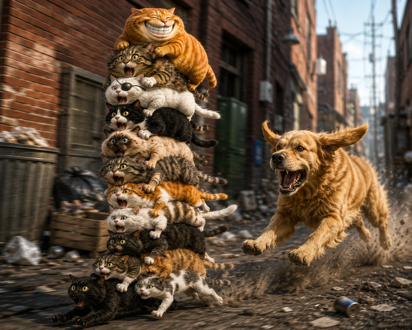 A tall stack of cartoon cats running away from a dog