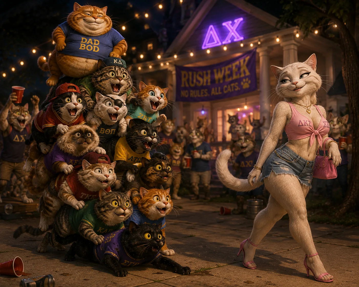 A group of cats at a fictional fraternity rush event