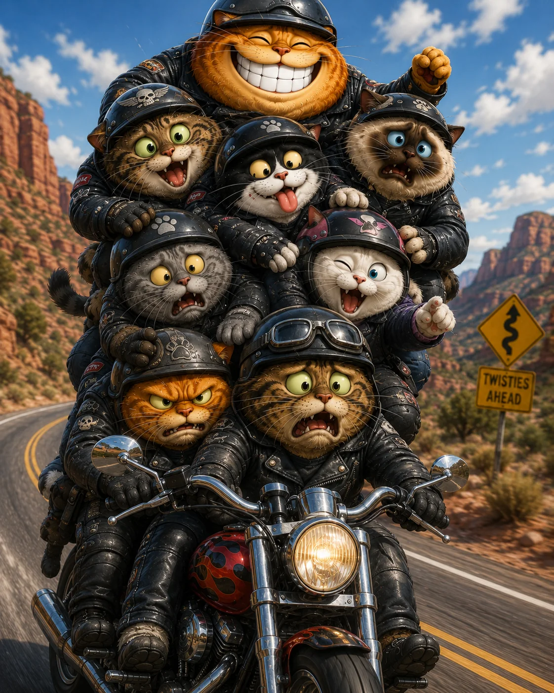 Cats in motorcycle gear stacked on a motorcycle
