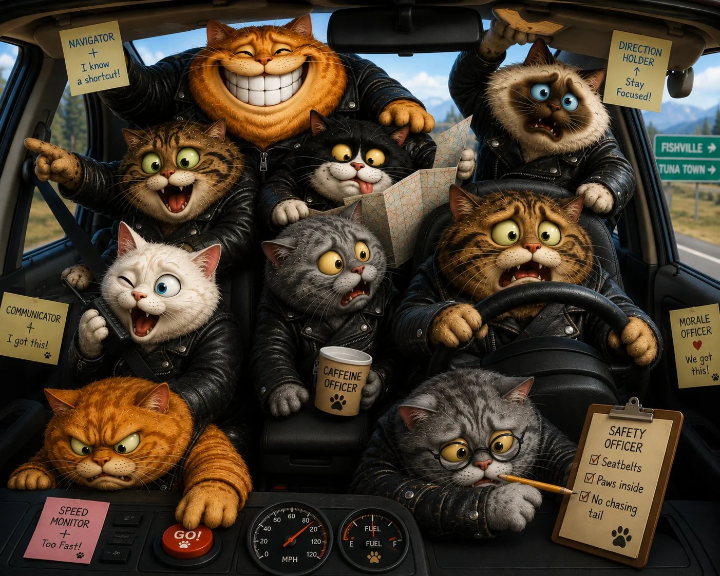 Cats crowded into a car trying to drive