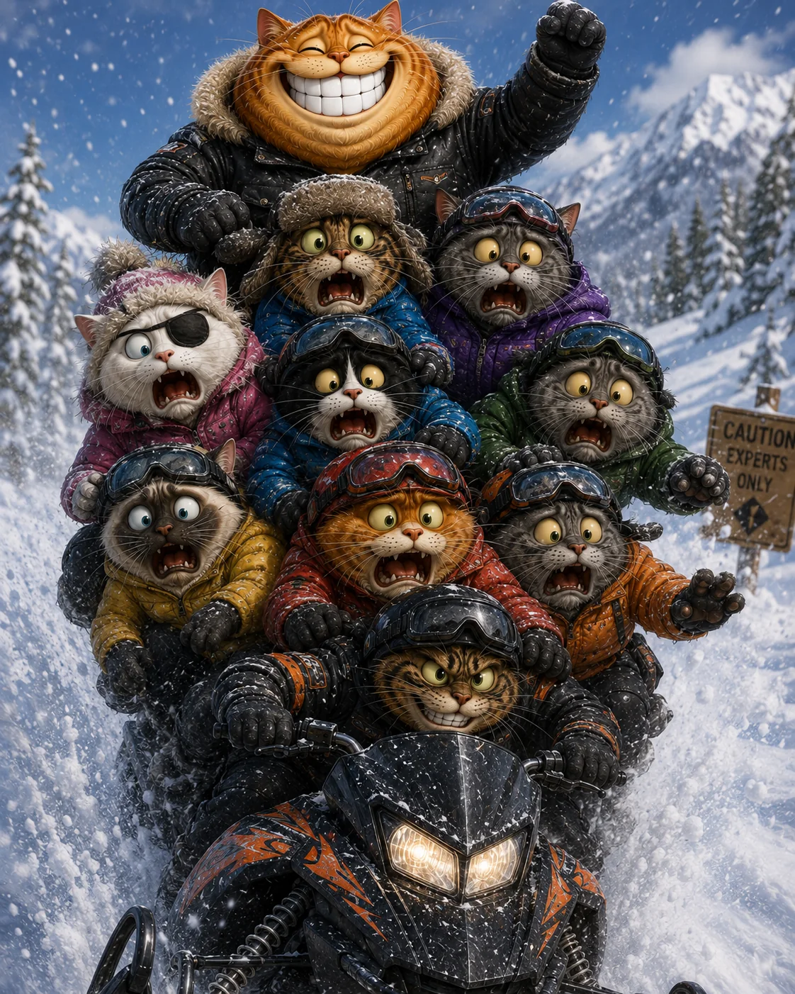 A stack of frightened cats riding a snowmobile