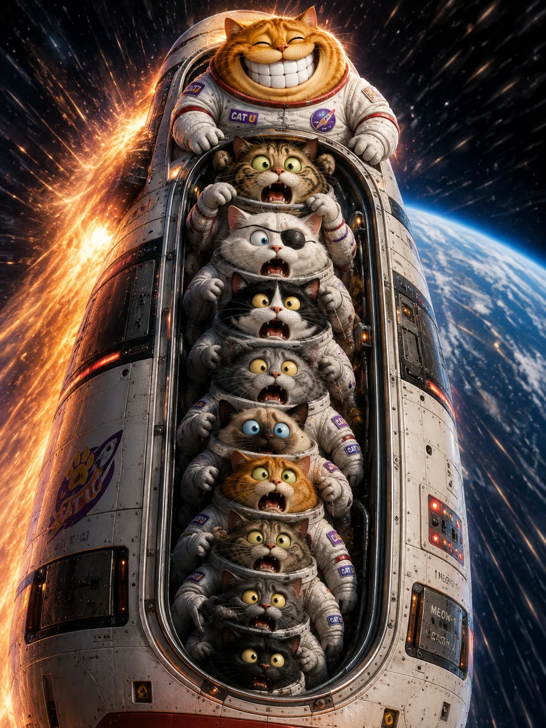 Cats stacked inside a space capsule